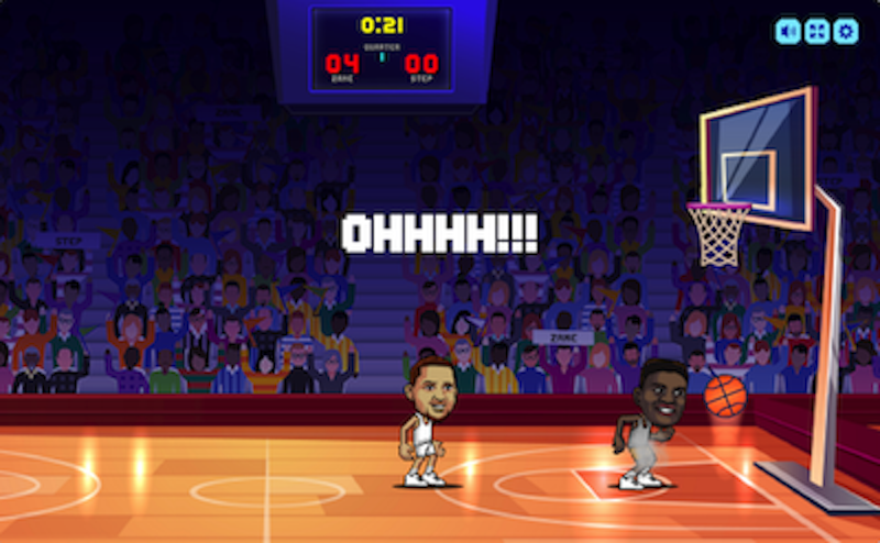 BasketBros gameplay screenshot showing intense basketball action with players dunking and scoring